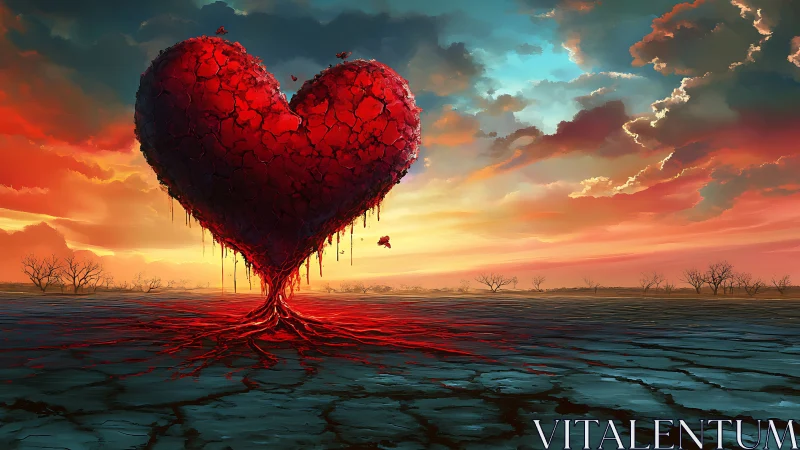 Heart-shaped rock formation with tree roots in desert landscape