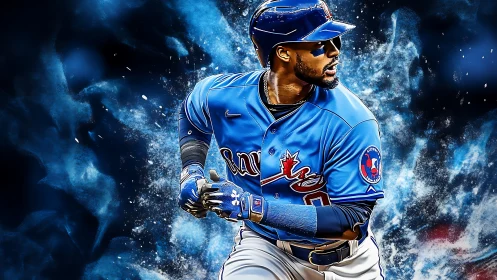 Dynamic blue-uniform baseball batter rendered with high-contrast digital effects