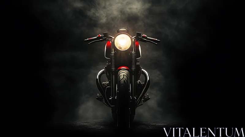 Front-facing motorcycle in dramatic dark studio lighting.