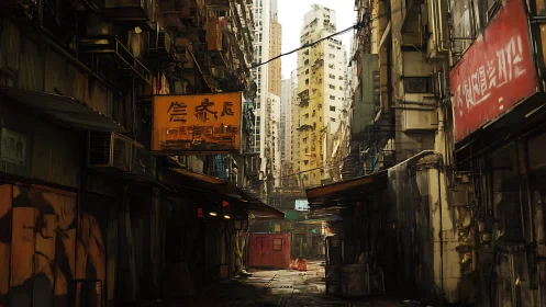 Narrow urban alley with aging high-rises and signage.
