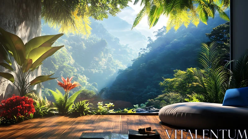 Sunlit jungle lounge dissolves walls into misty valley calm.