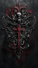 Crimson reliquary sword crowned with skulls and iron wings.