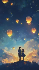 Couple watching sky lanterns rise into starlit night.