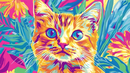 Pop art feline portrait with tropical botanical backdrop.
