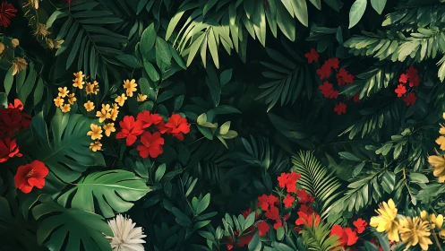 Tropical floral botanical composition with layered vegetation density.