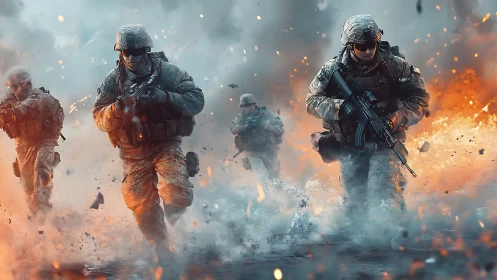 Modern soldiers advance through explosions in combat zone.