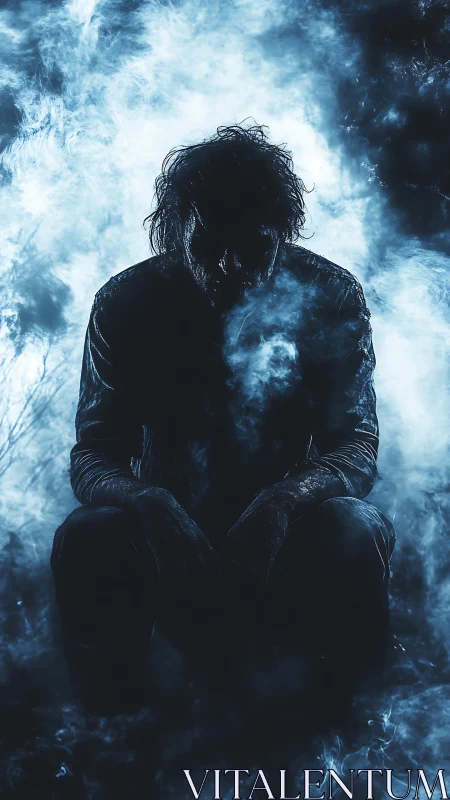 Shadowed drifter exhales ghostlight into stormy blue fog