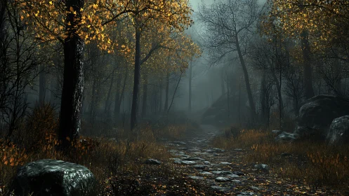 Misty Forest Path Glowing with Autumn Gold.
