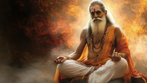 Detailed rendering of meditating sage framed by radial fire aura