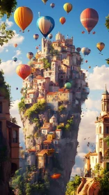 Sky village of drifting balloons and sunlit stone homes.
