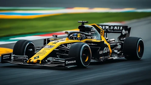 Yellow and black Formula racing car on track in motion.
