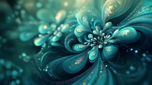 Turquoise fractal floral pattern with luminous highlights.