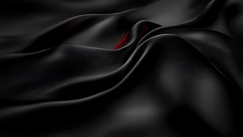 Abstract black silk waves with subtle red accents, digital art.