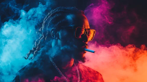 Neon smoke portrait of man in sunglasses and vivid lighting.