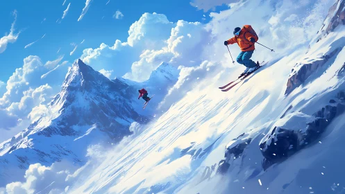 Skiers descending steep snowy mountain slope at speed.