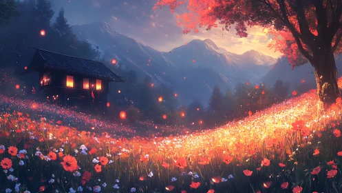 Lantern-lit house beside illuminated poppy field at dusk.
