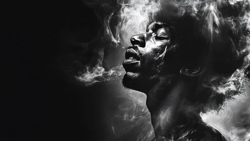 Monochrome male profile dissolving into swirling vapor clouds