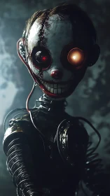 Cyberpunk animatronic clown portrait with wired dystopian chassis.