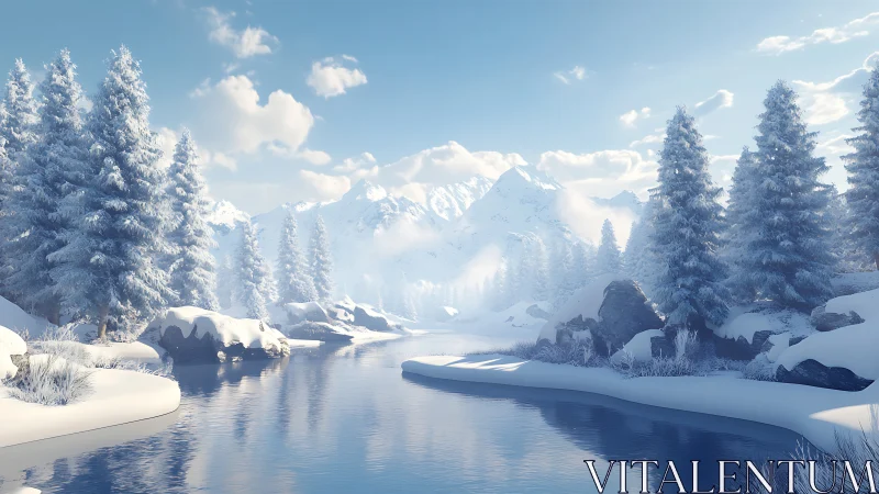 Winter alpine river beneath crystalline mountain light.