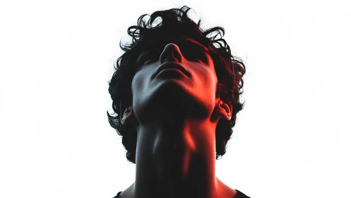 Dramatic low angle portrait under stark red rim light.