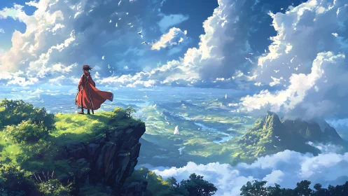 Solitary cloaked figure surveys expansive valley under dynamic clouds