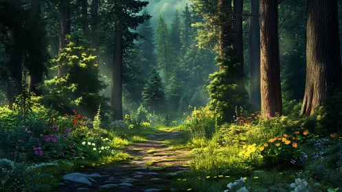 Sunlit Forest Path with Wildflowers in Lush, Realistic Style.