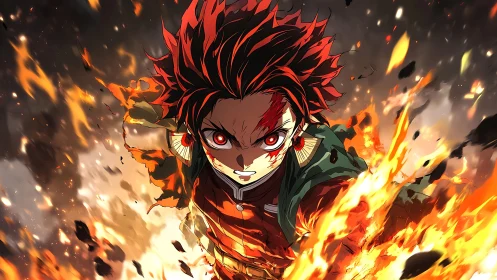 Intense anime warrior charging through swirling flames.