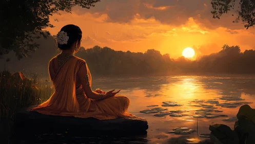 Meditative woman in sari by glowing lotus lake sunset.