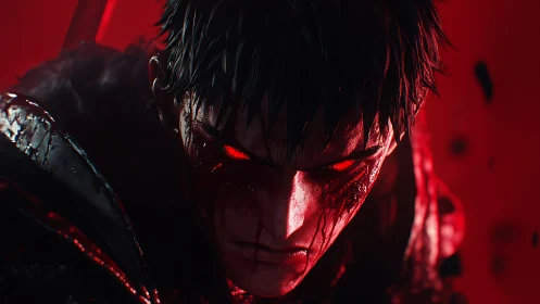 Digital close-up shows armored figure with glowing red eyes