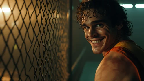 Sweaty athlete in caged corridor under tungsten backlighting