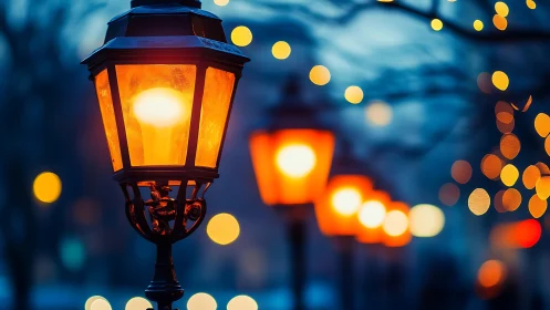 Nocturnal depth-of-field study of aligned urban gas lamps.