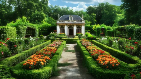Sunlit manor pavilion embraced by a symphony of roses.