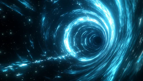 Glowing blue wormhole tunnel in deep outer space scene.