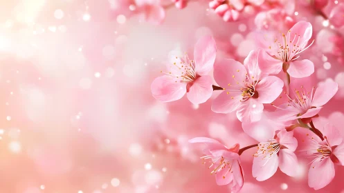 Delicate cherry blossoms with golden stamens in soft pink bokeh environment.