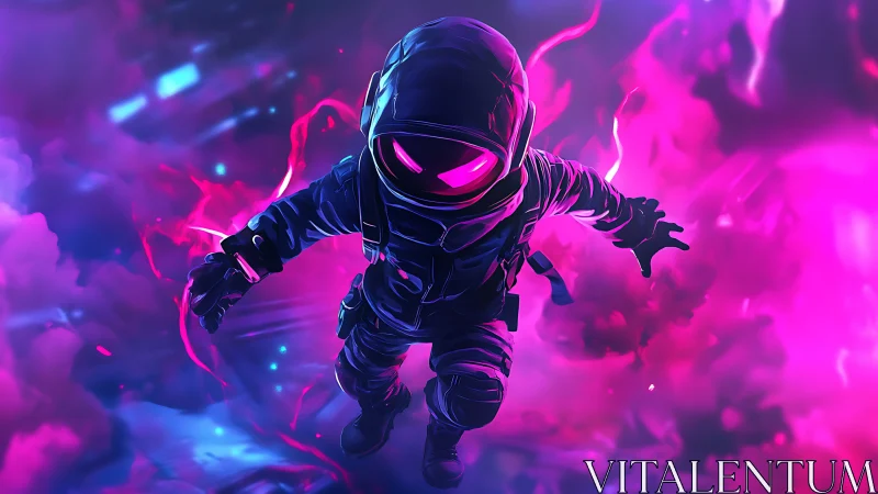 Neon-slick astronaut dives through a storm of liquid starlight