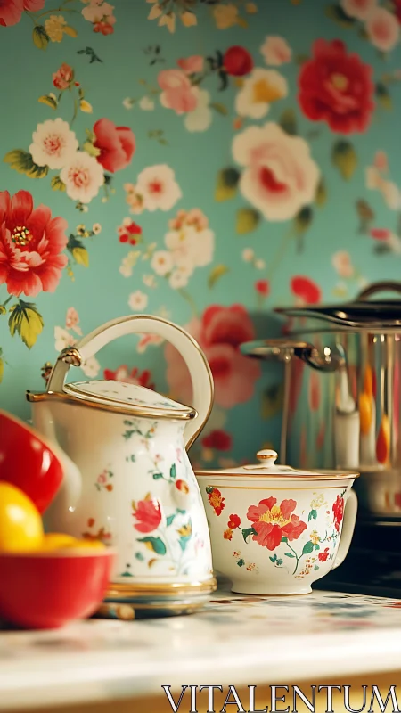 Vintage floral teapot vignette against turquoise wallpaper.