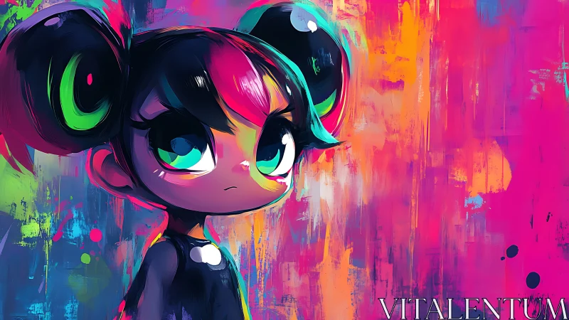 Neon haired girl stands against vibrant abstract graffiti field
