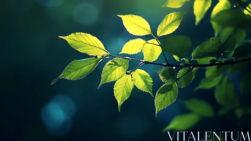 Sunlit Green Leaves on Branch with Soft Nature Background.