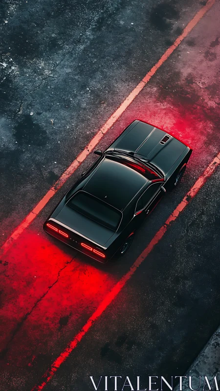 Midnight muscle car cruising through neon-lit asphalt lanes.