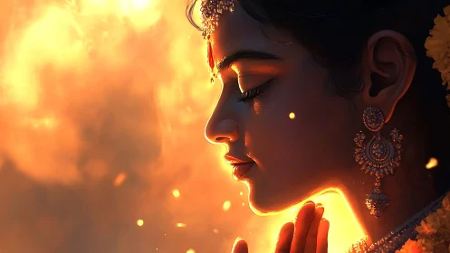 Side-lit Indian woman in prayer with warm volumetric firelight