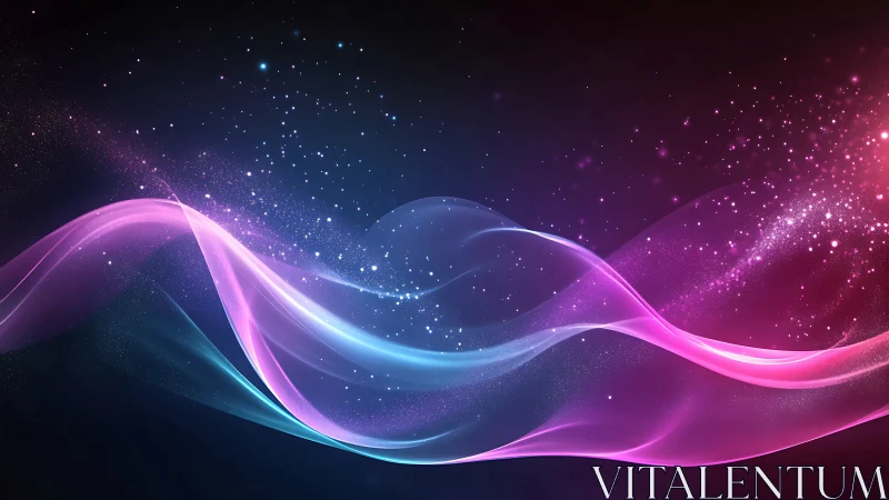 Colorful light waves curve across a dark starry background