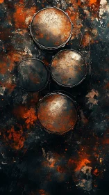 Four drumheads align over molten abstract splatter field