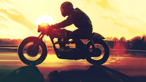 Motorcyclist silhouette on road at vivid sunset horizon.
