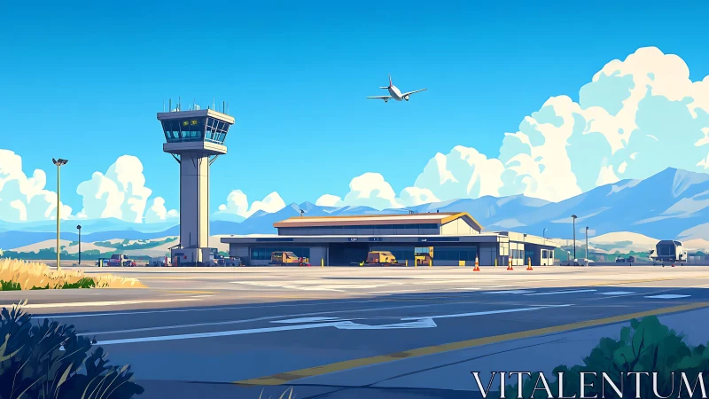 Sunny small-town airport welcomes travelers under bright skies