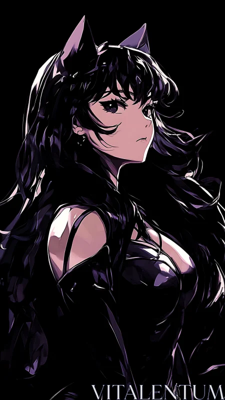 Cat-eared anime woman stands in glossy black outfit