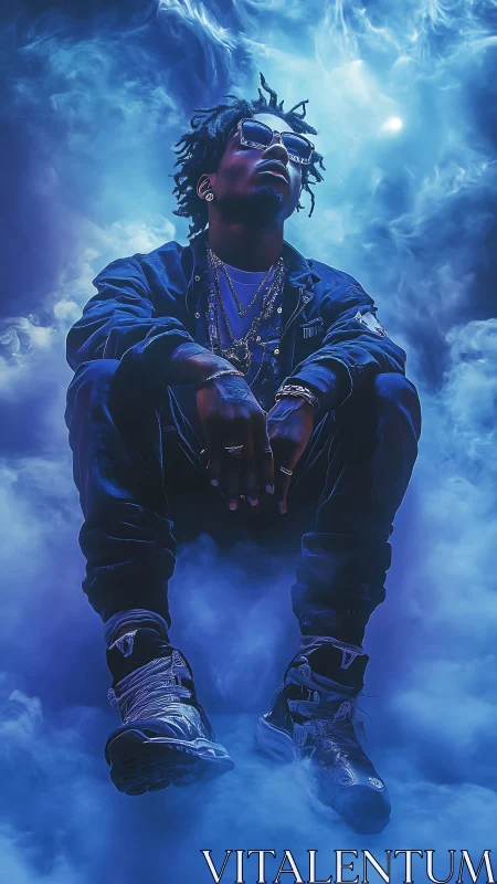 Male figure seated in blue atmospheric smoke environment.