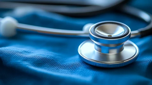 Photorealistic stethoscope macro on clinical blue textile.