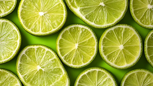 Uniform arrangement of lime slices on bright green surface.