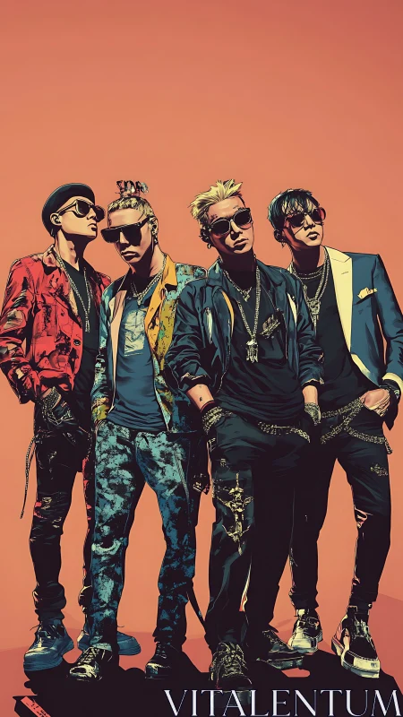 Neon swagger crew under a molten sunset sky pose boldly.