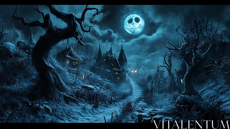 Haunted hilltop manor glows beneath an eerie skull moon.